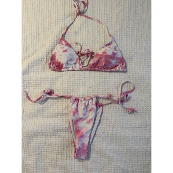 Pink White Tie Dye Bikini Large String Sexy Miami Beach Pool Swim - Picture 1 of 5